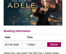2 tickets for One night of Adele - a stunning tribute . Friday 20th Feb , national opera house