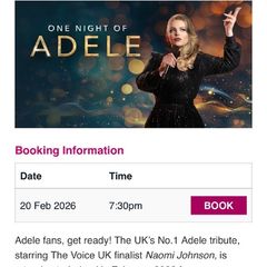 2 tickets for One night of Adele - a stunning tribute . Friday 20th Feb , national opera house
