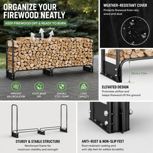 Firewood Log Rack with Waterproof Cover