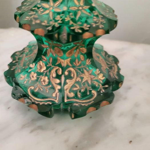 Antique bohemian cut glass perfume bottle with gold enamel design