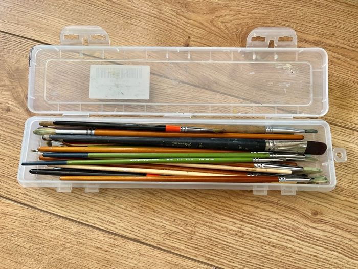 Oil paint color, brushes, frame, wooden box