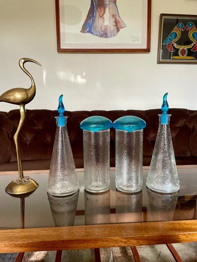 Set of Glass Genie Bottles with Turquoise Blue Flame Stoppers and Tall Containers with Mushroom Lids MCM Retro