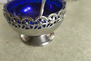 Vintage  Silver Plated Jam/Sugar Holder Blue Dish w/Spoon