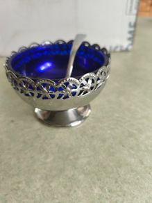 Vintage  Silver Plated Jam/Sugar Holder Blue Dish w/Spoon