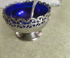 Vintage  Silver Plated Jam/Sugar Holder Blue Dish w/Spoon