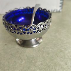 Vintage  Silver Plated Jam/Sugar Holder Blue Dish w/Spoon
