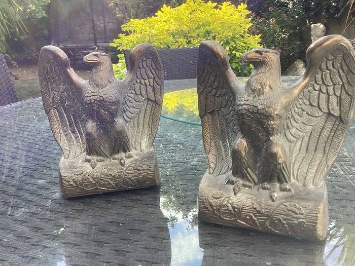 Vintage Pair 1960s Cast Brass Tone American Bald Eagle Bookend Decorative Desk Statue