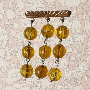 Antique 1930s art deco dangle beaded brooch sunburst brass amber hand blown glass gift vintage