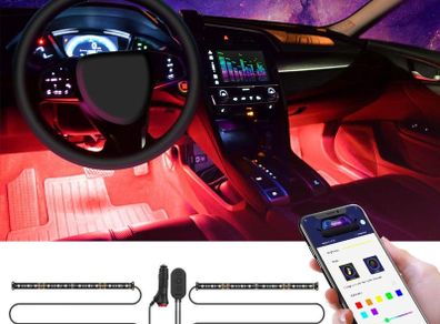 Interior Car Lights, Govee Car LED Strip Light Upgraded Two-Line Design Waterproof 4pcs 48 LED APP Controlled Lighting Kits, Multi DIY Colour Music Under Dash Car Lighting with Car Charger, DC 12V