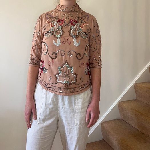 Folkster blush pink / cream sequin embellished and beaded high neck top