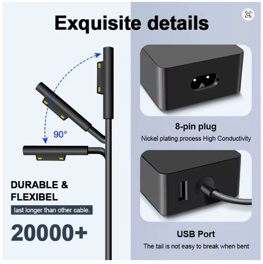 65W Surface Pro Laptop Charger for Microsoft Surface Pro 10, 9, 8, 7+, 7, 6, 5, 4, 3, X, Windows Surface Laptop 6, 5, 4, 3, 2, 1
