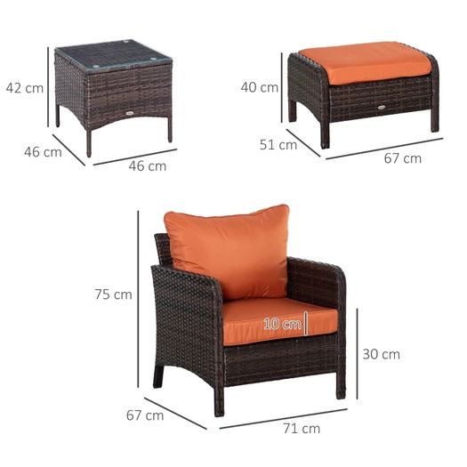 5 Pieces PE Rattan Garden Furniture Set - With 10cm Thick Padded Cushions, Wicker Weave Outdoor Seating Chairs Including 2 Armchairs, 2 Stools, and Glass Top Table, Brown