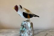 Hand-Carved Gemstone Goldfinch on Natural Crystal Base