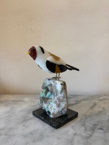 Hand-Carved Gemstone Goldfinch on Natural Crystal Base