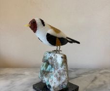 Hand-Carved Gemstone Goldfinch on Natural Crystal Base