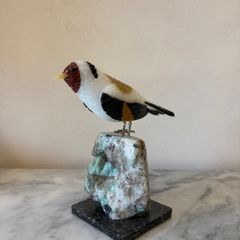 Hand-Carved Gemstone Goldfinch on Natural Crystal Base