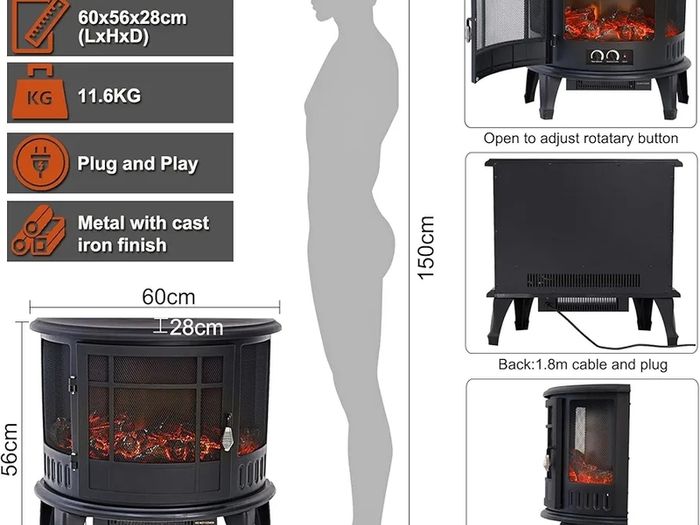 Electric Fire Stove Heater with Realistic LED Log Fire Flame Effect, Adjustable Thermostat, Flame Dimmer, Overheat Protection, 1800W