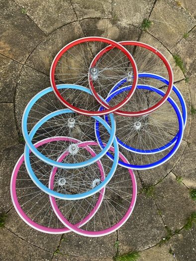 Red Bicycle Wheelset - Fixie/Singlespeed/FixedGear/Track Bike (FlipFlop Rear Hub) Sealed Bearings - Massively Discounted due to Cosmetic Flaws - Red Rims with Silver Spokes and Hubs.