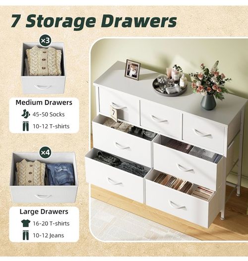 Chest of Drawers for Bedroom with 7 Drawers, Fabric Storage Drawer, Tall White Hallway Storage Unit