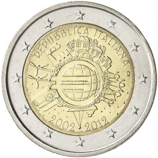 Italy 2 Euro Commemorative Coin 2012 - 10th Anniversary of Euro. UNCIRCULATED.