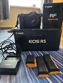 Canon R5 with box papers and rf50mm f1.8 lens and extras
