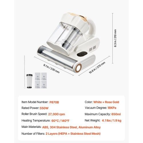 Mattress Vacuum Cleaner, 550W Bed Vacuum Cleaner with 18Kpa Powerful Suction and Dual Dust Bin, HEPA Filter & Heating