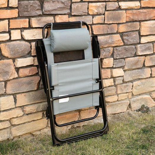 Set of 2 Grey Folding Recliner Chairs, Adjustable Outdoor Patio Lounge Chairs with Headrests and Metal Frames