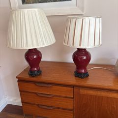 Please Check Photos- Mid Century Oxblood glazed Ginger Jar Table Lamps (2)  with off white pleated empire shade