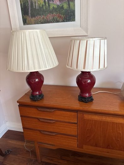 Please Check Photos- Mid Century Oxblood glazed Ginger Jar Table Lamps (2)  with off white pleated empire shade