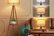 Solid Wooden Tripod Floor Lamp, Bulb Included, Standing Lamp with Remote Control, Dimmable &amp; 4 Color Temperatures, 1H Timer, Floor Lamp with Storage Shelf Linen Shade for Living Room Bedroom