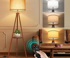 Solid Wooden Tripod Floor Lamp, Bulb Included, Standing Lamp with Remote Control, Dimmable & 4 Color Temperatures, 1H Timer, Floor Lamp with Storage Shelf Linen Shade for Living Room Bedroom