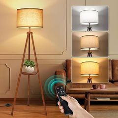 Solid Wooden Tripod Floor Lamp, Bulb Included, Standing Lamp with Remote Control, Dimmable & 4 Color Temperatures, 1H Timer, Floor Lamp with Storage Shelf Linen Shade for Living Room Bedroom