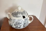 Vintage porcelain tureen with black and white print