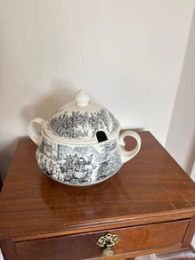 Vintage porcelain tureen with black and white print