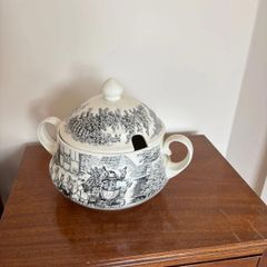 Vintage porcelain tureen with black and white print