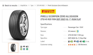 Tyres RunFlat 275/45/20 all seasons