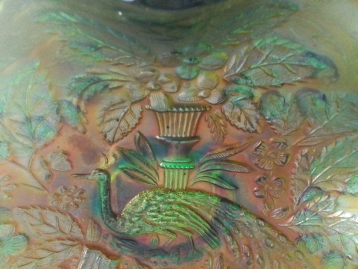 Fenton Carnival Bowl With Peacock & Leaves
