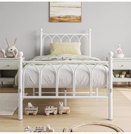 3ft Single Metal Bed Frame with Headboard, White Heavy Duty Foundation, Metal Slat Support, Underbed Storage, Easy Assembly, for Bedroom Dorm Guest Room