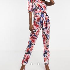 ASOS Design floral one shoulder puff sleeve jumpsuit with belt Sz 10UK - Rrp 100 (New)