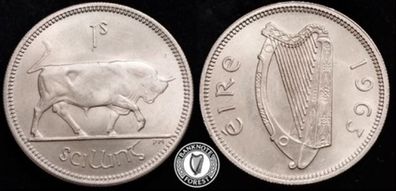 [#2379] - Ireland 1963 | Irish 1s | One Shilling | Bull | KM.14a | BU