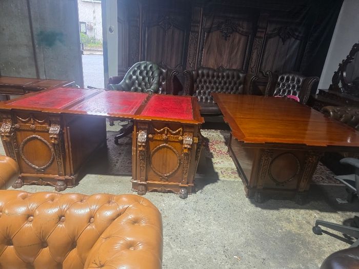 Thomas Chippendale Lions Head Carved Twin Pedestal Partner Desk+ chair+ table