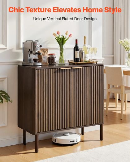 Coffee Bar Cabinet, Mid Century Fluted Coffee Bar Table with 2-Tier Storage, Buffet Stand Cabinet with Barn Door, Sideboard Buffet Station for Living Room, Entryway, 80 x 37.5 x 80 cm Walnut