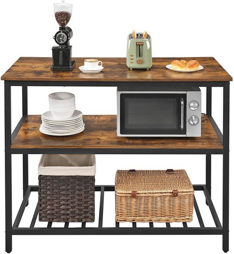Standing shelf, 120 x 60 x 90 cm, kitchen island with large worktop, dining table, kitchen shelf with 3 shelves, sturdy metal frame, vintage brown-black