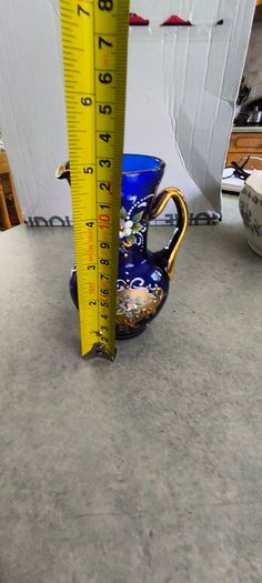 Italian Cobalt Blue small handpainted floral vase pitcher goldtone trim antique