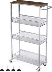 NEW SALE | 4-Tier Storage Trolley Cart, Kitchen Storage Wagon, Rolling Kitchen Shelving Unit on Wheels Mobile Slit Cart with Wooden Tabletop