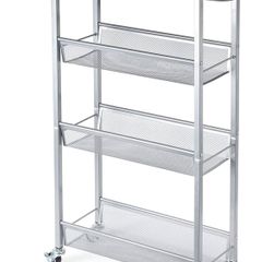 NEW SALE | 4-Tier Storage Trolley Cart, Kitchen Storage Wagon, Rolling Kitchen Shelving Unit on Wheels Mobile Slit Cart with Wooden Tabletop