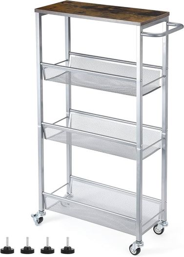 NEW SALE | 4-Tier Storage Trolley Cart, Kitchen Storage Wagon, Rolling Kitchen Shelving Unit on Wheels Mobile Slit Cart with Wooden Tabletop