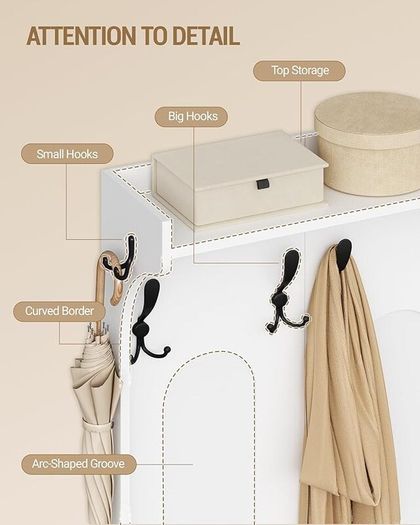 5-in-1 Coat Rack with Bench, Shoe Storage & Mirror  White