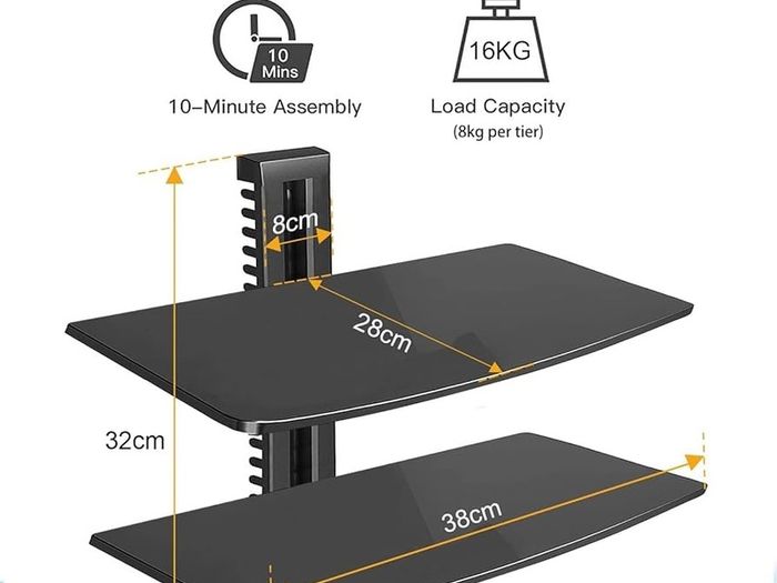 NEW SALE | 2 Floating Shelf Wall bracket with Strengthened Tempered Glass for DVD Players/Cable Boxes/Games Consoles/TV Accessories, 2 Shelves, Black