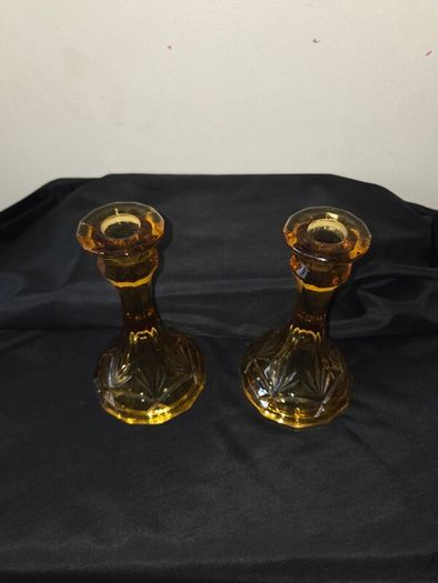 Pair of Art Deco Amber Glass Candleholders